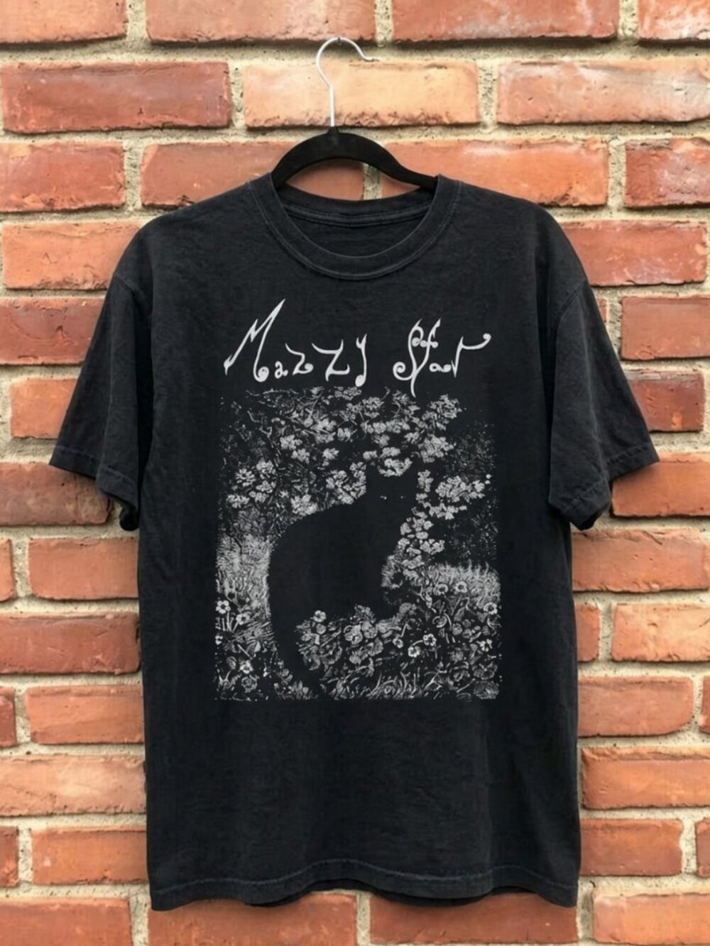 Black Cat Silhouette Wildflower Garden Tee Black Botanical NWT